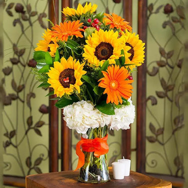 Sun Rays, Radiant Floral Arrangement, Vase, White Hydrangea, Sunflowers, Orange Gerberas, Red Hypericum, Single Ruscus, Solidaster, Glass Vase, Ribbon Bow